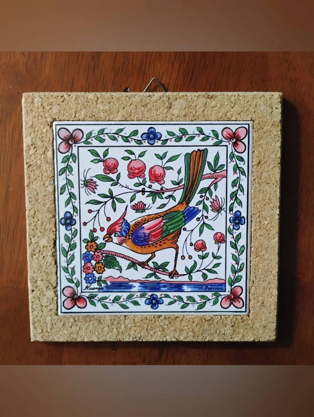 VTG Portugal Birds & Flowers Hand Painted Tile & Cork Trivets/Wall Hangers (2)